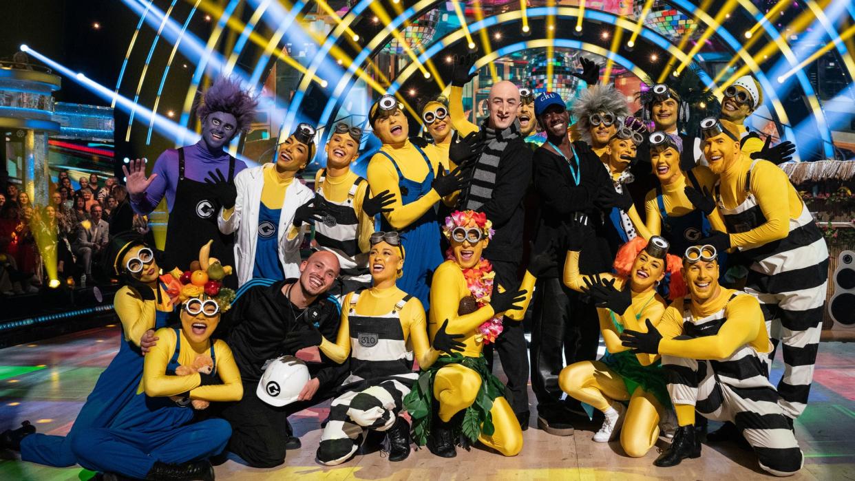 Kai Widdrington dressed as Gru with the orher professional dancers as Minions