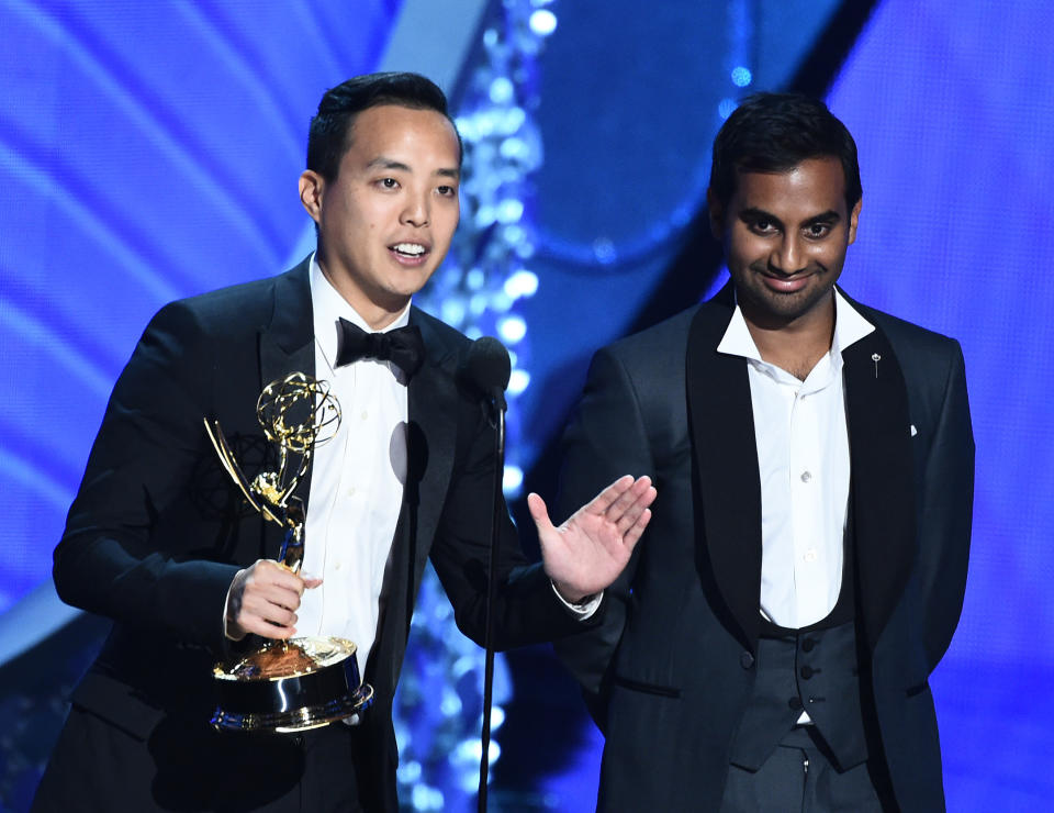 Alan Yang and Aziz Ansari at the 68th Primetime Emmys - Credit: Buckner/Variety/REX/Shutterstock