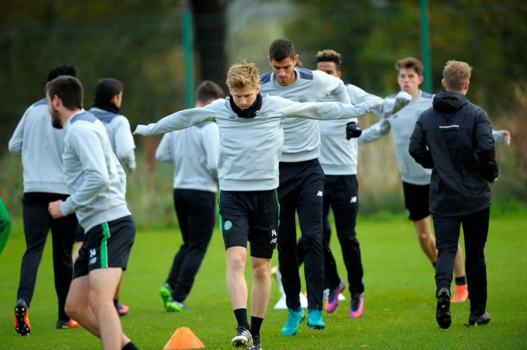 Celtic's Stuart Armstrong (C) attends a training session at the club's Lennoxtown training centre