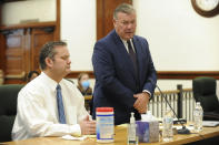 Defense attorney John Prior, right, addresses Magistrate Judge Faren Eddins as to why he and Chad Daybell, left, are not wearing masks in court during a preliminary hearing in St. Anthony, Idaho, on Monday, August 3, 2020. The preliminary hearing will help a judge decide if the charges against Chad Daybell will move forward in state court. Daybell, 52, is charged with concealing evidence by destroying or hiding the bodies of 7-year-old Joshua "JJ" Vallow and 17-year-old Tylee Ryan at his eastern Idaho home. (John Roark/The Idaho Post-Register via AP, Pool)