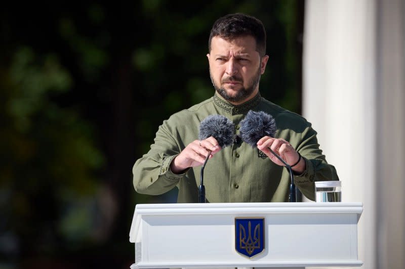 Ukrainian President Volodymyr Zelensky praised the effectiveness of Ukraine's indigenously built long-range missiles after a meeting with officials Thursday. File Photo by Ukrainian President Press Office/UPI