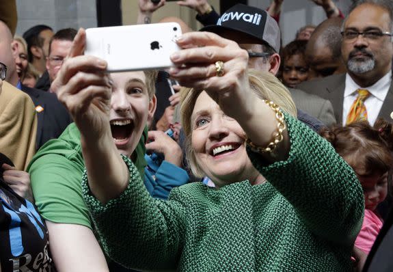 Selfie master Hillary Clinton posing with a supporter after speaking at a campaign event at City Garage in Baltimore, Sunday, April 10, 2016.