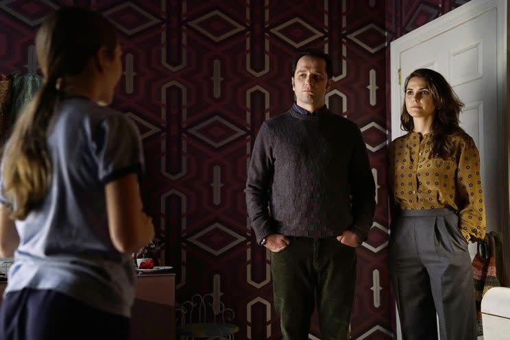 Holly Taylor as Paige Jennings, Matthew Rhys as Philip Jennings, and Keri Russell as Elizabeth Jennings (Credit: Patrick Harbron/FX)