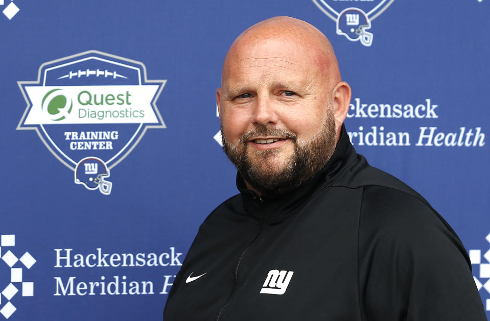 New York Giants head coach Brian Daboll answers questions from media at the NFL football team's rookie minicamp in East Rutherford, N.J., Friday, May 13, 2022. (AP Photo/Noah K. Murray)