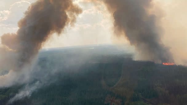 PHOTO: Smoke rises from hotspots flaring up in the Kimiwan wildfire complex in Northern Sunrise County, Alberta, Canada, June 24, 2023. (Alberta Wildfire via Reuters)
