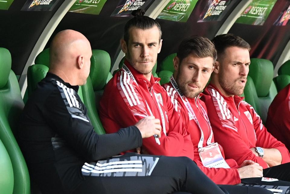 Gareth Bale (second left) made the trip to Poland for Wales’ Nations League game in Poland on Wednesday (Rafal Oleksiewicz/PA) (PA Wire)