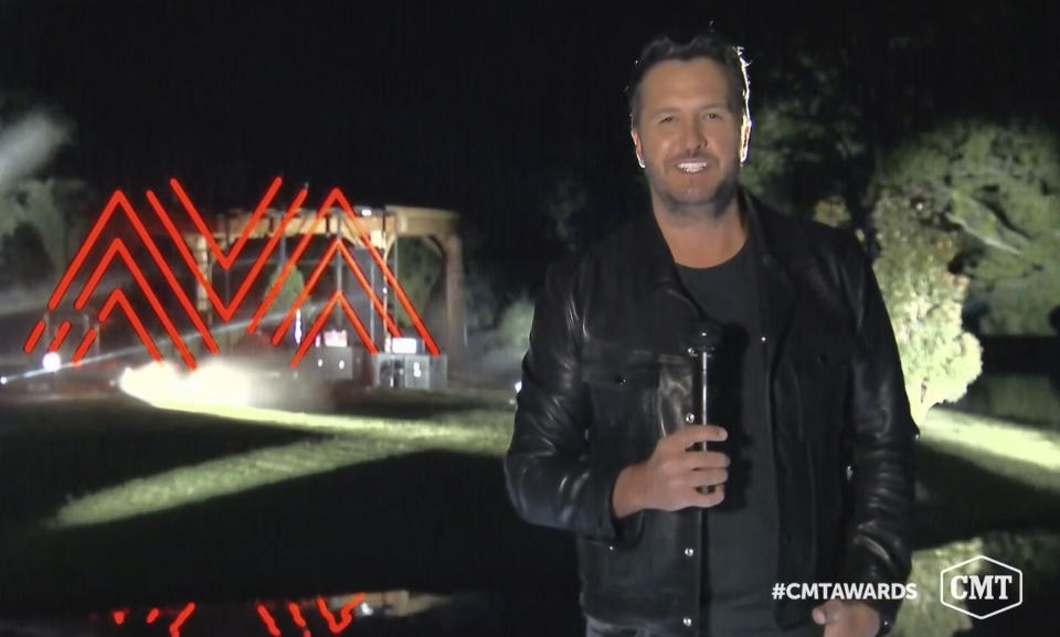 In this video image provided by CMT, Luke Bryan introduces a performance during the Country Music Television awards airing on Wednesday, Oct. 21, 2020. (CMT via AP)