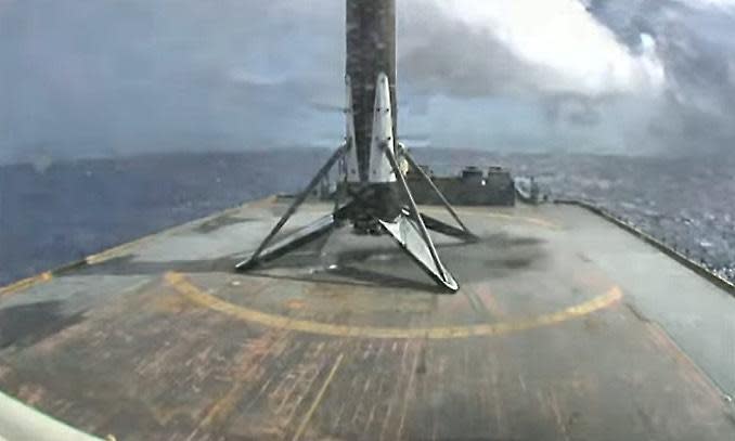 The Falcon 9's first stage landed on an off-shore droneship eight-and-a-half minutes after launch on its seventh mission. It was SpaceX's 69th successful booster recovery, its 48th on a droneship. / Credit: SpaceX