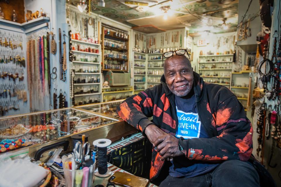 Visionary storyteller, creative place-maker, and muralist Olayami Dabls sits in the Dabls MBAD African Bead Museum in Detroit on Wednesday, January 26, 2022. Dabls has been named the 2022 Kresge Eminent Artist, an annual metro Detroit award celebrating lifetime achievement in art.