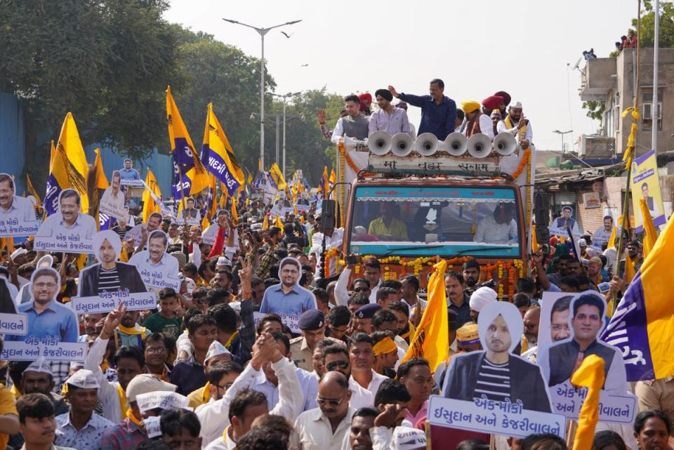 File. Aam Aadmi Party leader Arvind Kejriwal, waves from a truck as he campaigns for the Gujarat state elections in Ahmedabad, India, Thursday, 1 December 2022 (AP)