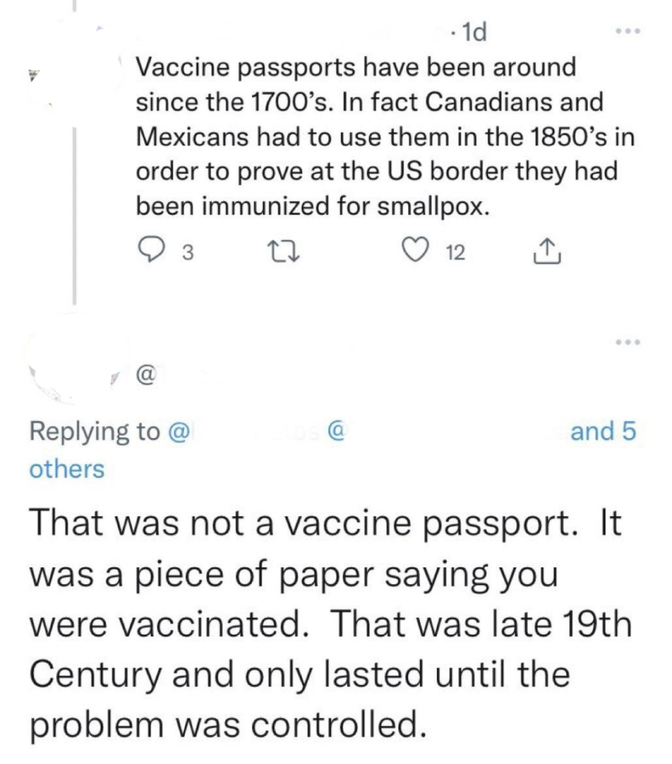 one person says vaccine passports have been around since 1700s, and another person replies saying that wasn't a vaccine passport, that was a piece of paper saying you were vaccinated, and it only lasted until the problem was controlled