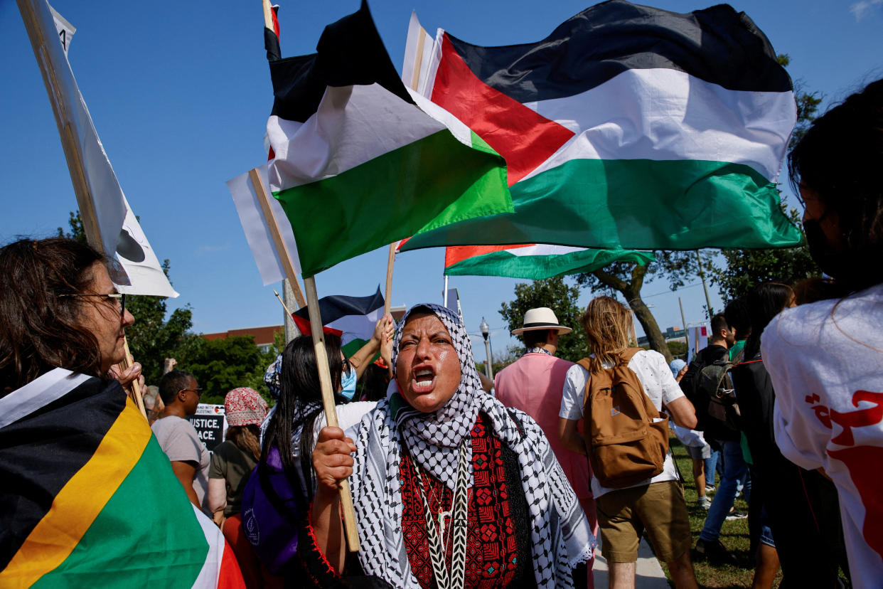 A woman holds a Palestinian flag at a rally near the DNC.