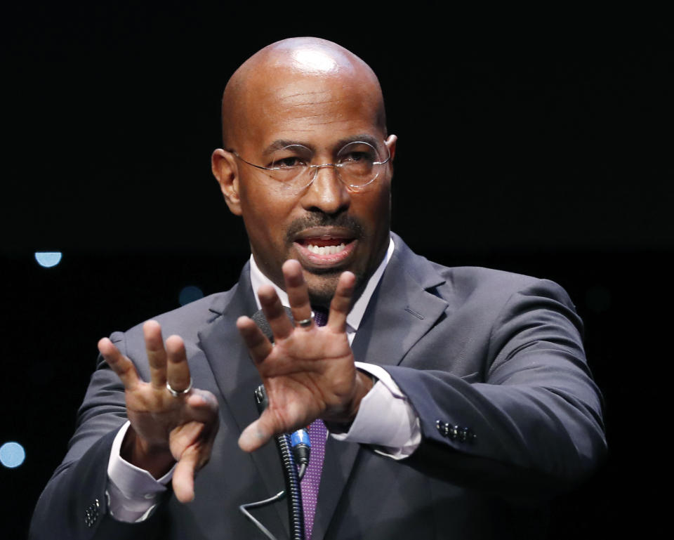 REFORM Alliance CEO and political activist Van Jones speaks to participants at the launch of a partnership among entrepreneurs, entertainment moguls, recording artists, and business and sports leaders who hope to transform the American criminal justice system, Wednesday, Jan. 23, 2019, in New York. Jones is a former CNN host and was an adviser to president Barack Obama. Jones said, "I'm thrilled to join forces with the team of incredible leaders at REFORM to free as many human bengs as possible who are unjustly trapped by mass supervision." (AP Photo/Kathy Willens)