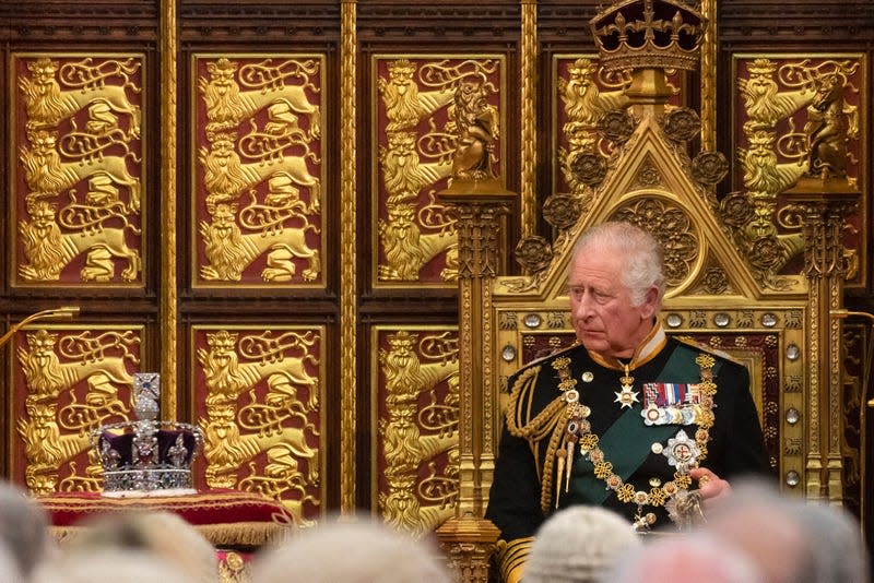 Prince Charles, Prince of Wales looks towards the Imperial State Crown as he delivers the Queen’s Speech during the state opening of Parliament at the House of Lords on May 10, 2022 in London, England. The State Opening of Parliament formally marks the beginning of the new session of Parliament. It includes Queen's Speech, prepared for her to read from the throne, by her government outlining its plans for new laws being brought forward in the coming parliamentary year. This year the speech will be read by the Prince of Wales as HM The Queen will miss the event due to ongoing mobility issues