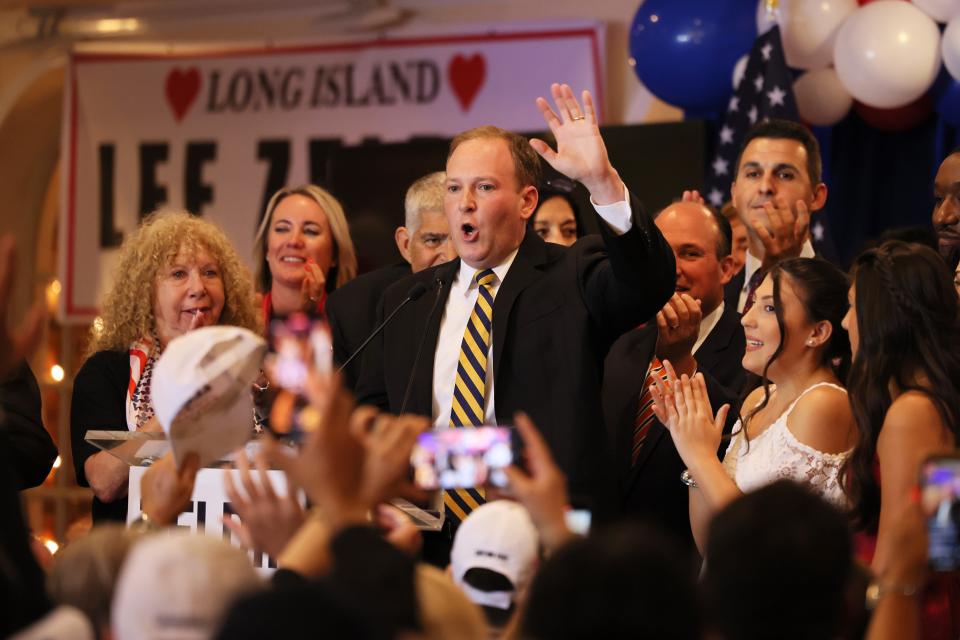 BALDWIN, NEW YORK - JUNE 28: NY GOP Candidate for Governor Rep. Lee Zeldin (R-NY) speaks during his election night party at the Coral House on June 28, 2022 in Baldwin, New York. Front runner Rep. Zeldin won the GOP Primary for NY Governor over his three primary challengers. Zeldin is one of 139 House Republicans to object to the certification of the 2020 presidential election results after the insurrection at the Capitol Jan. 6, 2021.  (Photo by Michael M. Santiago/Getty Images) ORG XMIT: 775832102 ORIG FILE ID: 1405730384