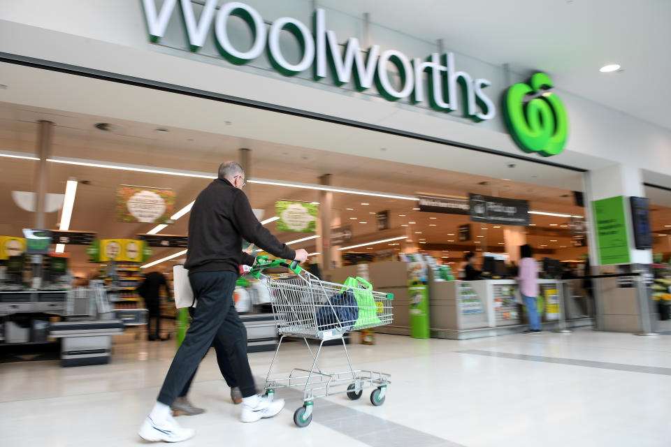 A general view of a Woolworths store at Double Bay in Sydney. A man is seen pushing a trolley.