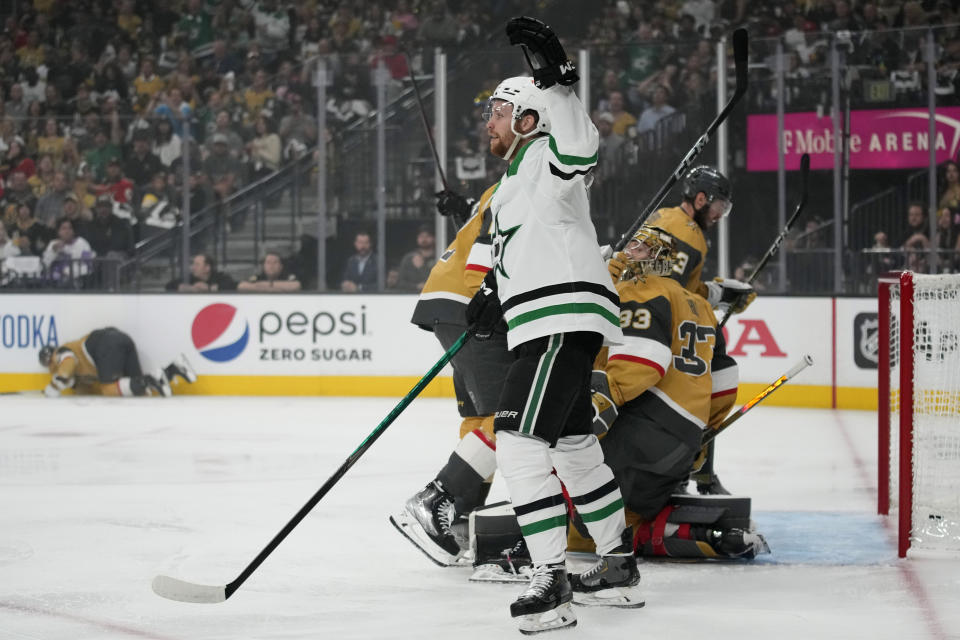 Dallas Stars center Radek Faksa (12) celebrates after scoring against theVegas Golden Knights during the first period of Game 2 of the NHL hockey Stanley Cup Western Conference finals Sunday, May 21, 2023, in Las Vegas. (AP Photo/John Locher)