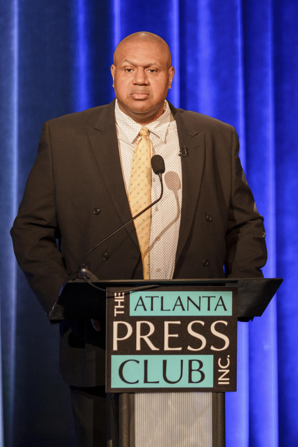 Brian Johnson speaks at the Congressional District 13 Debate Democrats during the Atlanta Press Club Loudermilk-Young Debate Series on April 28, 2024, in Atlanta. U.S. Rep. David Scott faces multiple Democratic primary opponents, including Johnson in his quest for a 12th congressional term in a sharply reconfigured suburban Atlanta district. (AP Photo/Jason Allen)