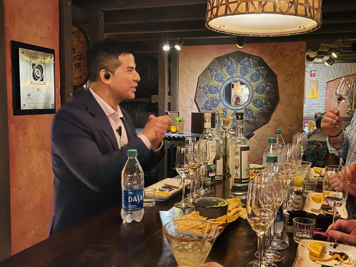 A tequila specialist leads guests through a detailed class and tequila tasting at the La Cava Experience, held at Epcot's La Cava del Tequila. (Photo: Carly Caramanna)