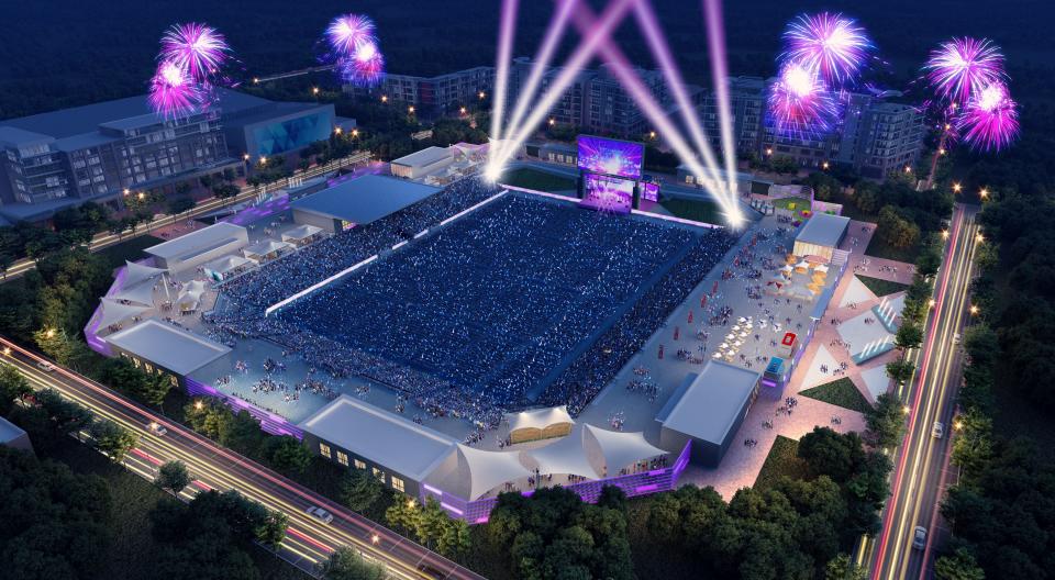 This is a $40 million rendering of the proposed MAPS 4 multi-purpose stadium from the perspective of a concert and a sporting event, as well as a portrayal of the inside concourse area.