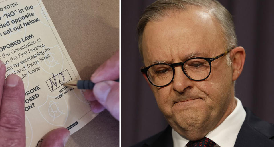 Left, a voter fill out 'No' on their ballot paper. Right, PM Anthony Albanese looks somber as he addresses the media after the Voice to Parliament was rejected. 