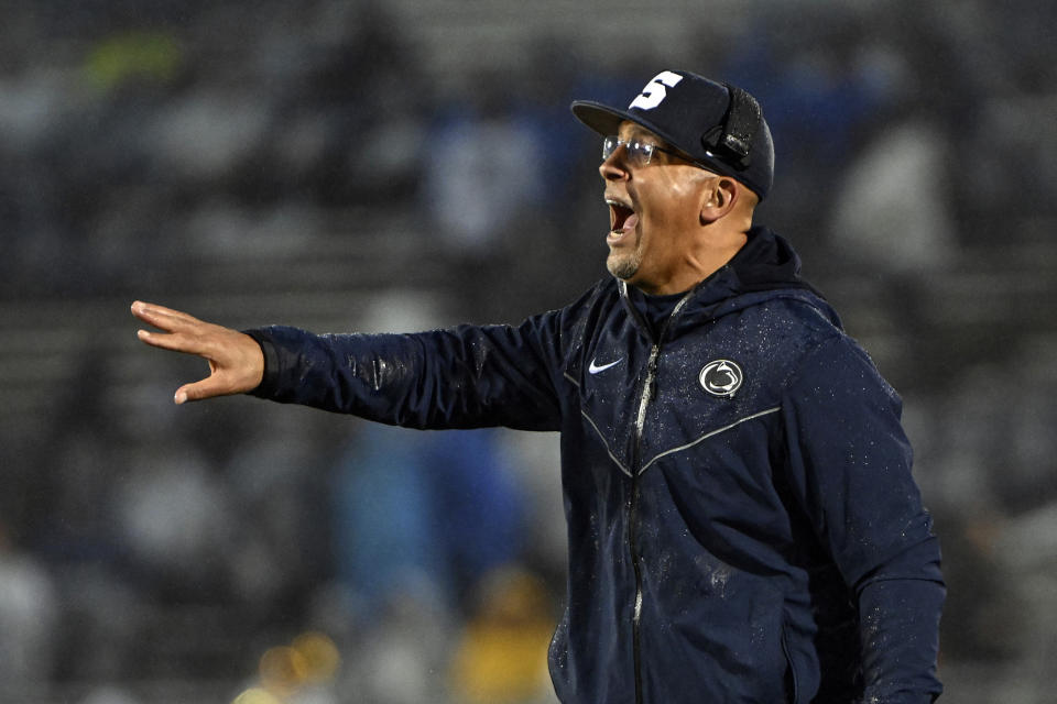 Penn State head coach James Franklin reacts during the second half of an NCAA college football game against Massachusetts, Saturday, Oct. 14, 2023, in State College, Pa. (AP Photo/Barry Reeger)