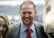 Oklahoma head coach Lincoln Riley poses for a picture on the first day of Big 12 Conference NCAA college football media days Monday, July 15, 2019, at AT&T Stadium in Arlington, Texas. (AP Photo/David Kent)