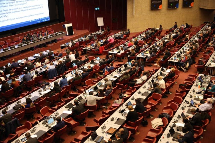 <span class="caption">Delegates negotiate the text to determine which plastics will be regulated by the UN decision.</span> <span class="attribution"><a class="link " href="https://enb.iisd.org/chemical/cops/2019/images/4may/ENB_BRSCOP_4May19_KiaraWorth-55.jpg" rel="nofollow noopener" target="_blank" data-ylk="slk:IISD/ENB | Kiara Worth;elm:context_link;itc:0;sec:content-canvas">IISD/ENB | Kiara Worth</a>, <span class="license">Author provided</span></span>