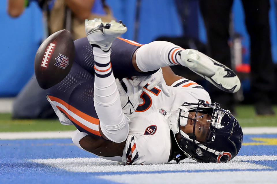 Velus Jones Jr. of the Chicago Bears drops a pass in the end zone against the Chargers. (Photo by Meg Oliphant/Getty Images)