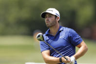 Matthew Wolff watches his drives on the second tee during the third round of the Rocket Mortgage Classic golf tournament, Saturday, July 4, 2020, at the Detroit Golf Club in Detroit. (AP Photo/Carlos Osorio)