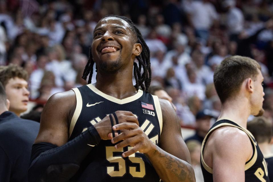 Jan 16, 2024; Bloomington, Indiana, USA; Purdue Boilermakers guard Lance Jones (55) celebrates the win over Indiana Hoosiers at Simon Skjodt Assembly Hall.