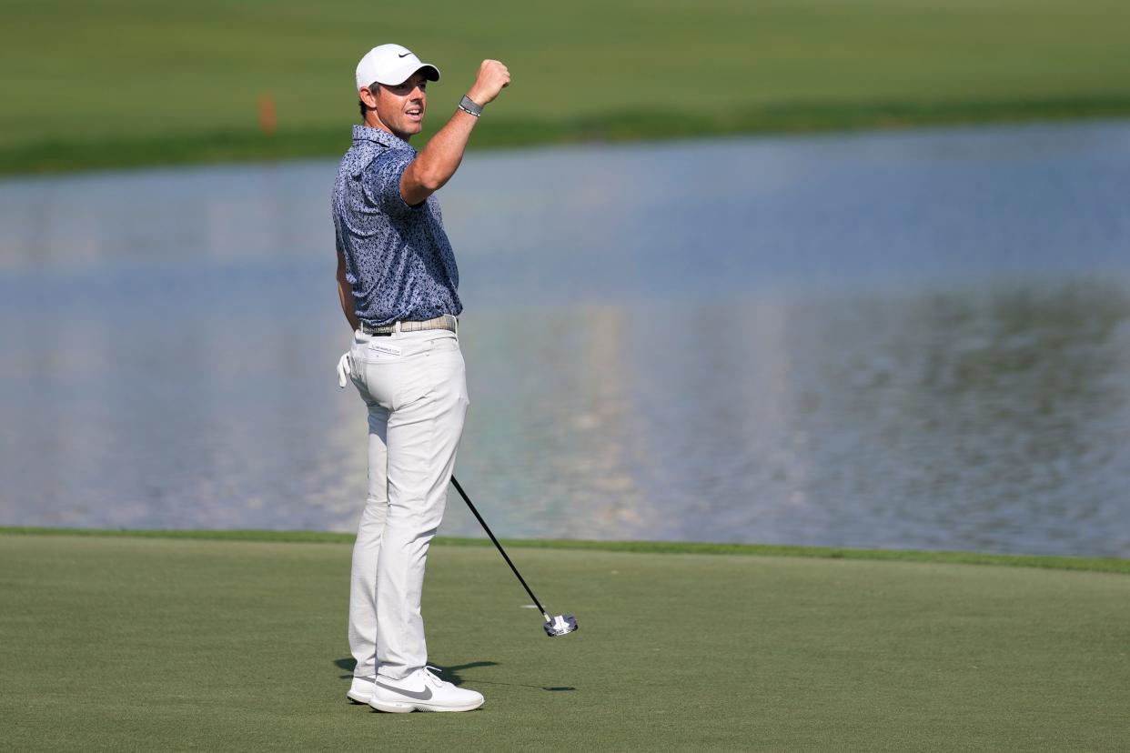 Rory McIlroy of Northern Ireland celebrates after he won the the Dubai Desert Classic, in Dubai, United Arab Emirates, Monday, Jan. 30, 2023. (AP Photo/Kamran Jebreili)