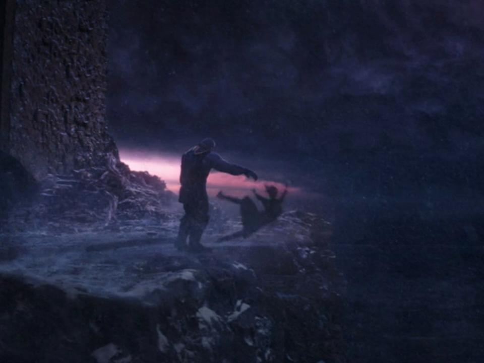 Thanos throwing Gamora off a cliff on Vormir in "Avengers: Infinity War."
