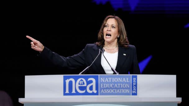 PHOTO: Vice President Kamala Harris speaks at the National Education Association 2022 Annual Meeting and Representative Assembly at the McCormick Convention Center in Chicago, July 5, 2022.  (Kamil Krzaczynski/AFP via Getty Images)