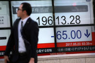 <p>A man walks past an electronic stock board showing Japan’s Nikkei 225 index at a securities firm Tuesday, May 23, 2017, in Tokyo. Asian shares meandered Tuesday after a strong overnight lead from Wall Street was vanquished by an explosion in Manchester, England. (AP Photo/Eugene Hoshiko) </p>