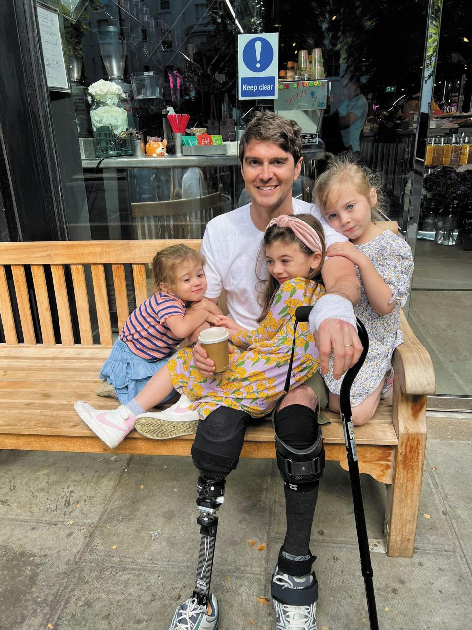 Hall with daughters Hero, Honor and Iris after his return to London in August 2022. Courtesy Ben Hall