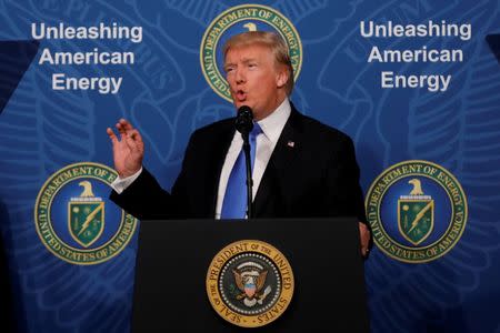 U.S. President Donald Trump delivers remarks during an 'Unleashing American Energy' event at the Department of Energy in Washington, U.S., June 29, 2017. REUTERS/Carlos Barria