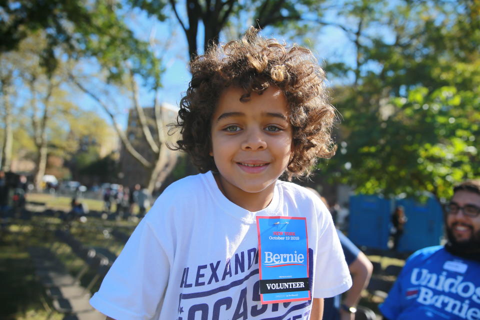 Gabriel from Queens volunteered to help at the Bernie's Back Rally for Democratic presidential candidate Bernie Sanders in Long Island City, New York on Saturday, Oct. 19, 2019. (Photo: Gordon Donovan/Yahoo News)