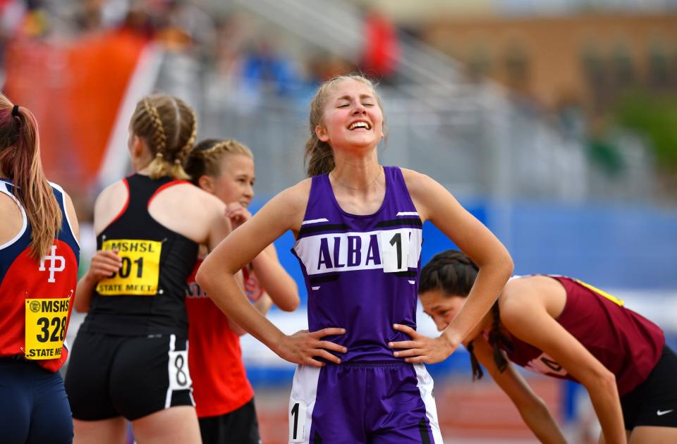 Albany's Olivia Goebel smiles after winning the state championship in the girl's 3,200-meter run during Minnesota State Track and Field Class 2A meet Friday, June 10, 2022, at St. Michael-Albertville High School.