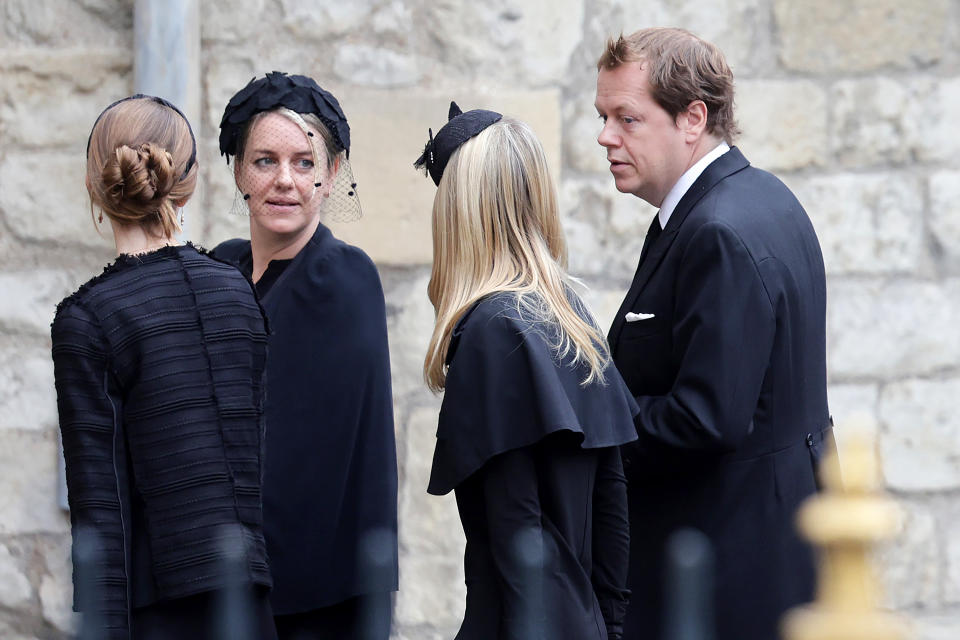 Children of the Queen Consort, Laura Lopes and Tom Parker Bowles arrive with their family at Westminster Abbey ahead of The State funeral of Queen Elizabeth II on September 19, 2022 in London, England. Elizabeth Alexandra Mary Windsor was born in Bruton Street, Mayfair, London on 21 April 1926. She married Prince Philip in 1947 and ascended the throne of the United Kingdom and Commonwealth on 6 February 1952 after the death of her Father, King George VI. Queen Elizabeth II died at Balmoral Castle in Scotland on September 8, 2022, and is succeeded by her eldest son, King Charles III.  (Photo by Chris Jackson/Getty Images)