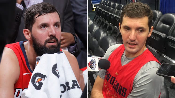 Pelicans forward Nikola Mirotic took a razor to his season. (Getty Images and Twitter)