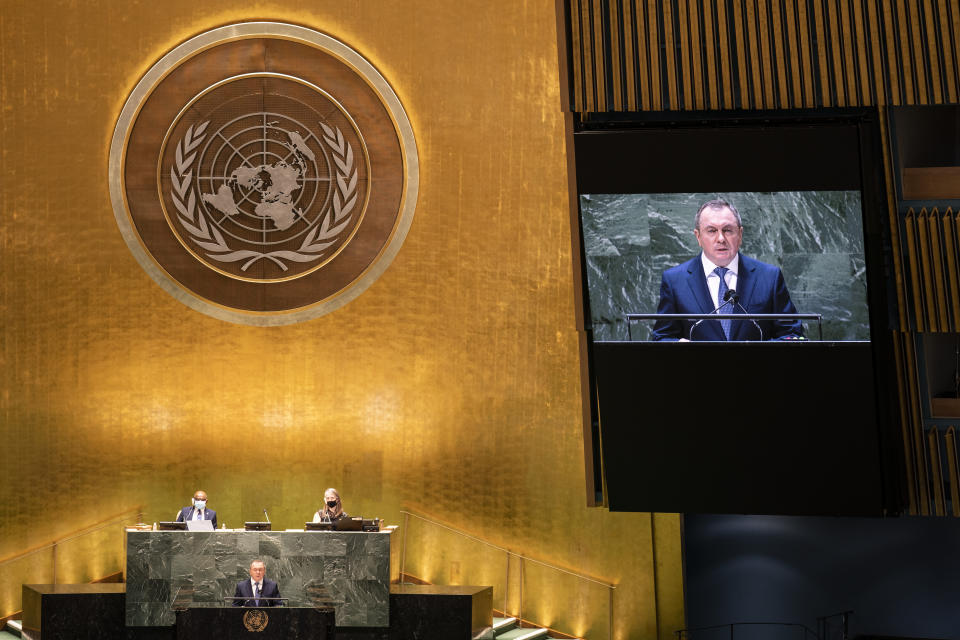 Belarus' foreign minister Vladimir Makei addresses the 76th Session of the United Nations General Assembly, Monday, Sept. 27, 2021, at U.N. headquarters. (AP Photo/John Minchillo, Pool)