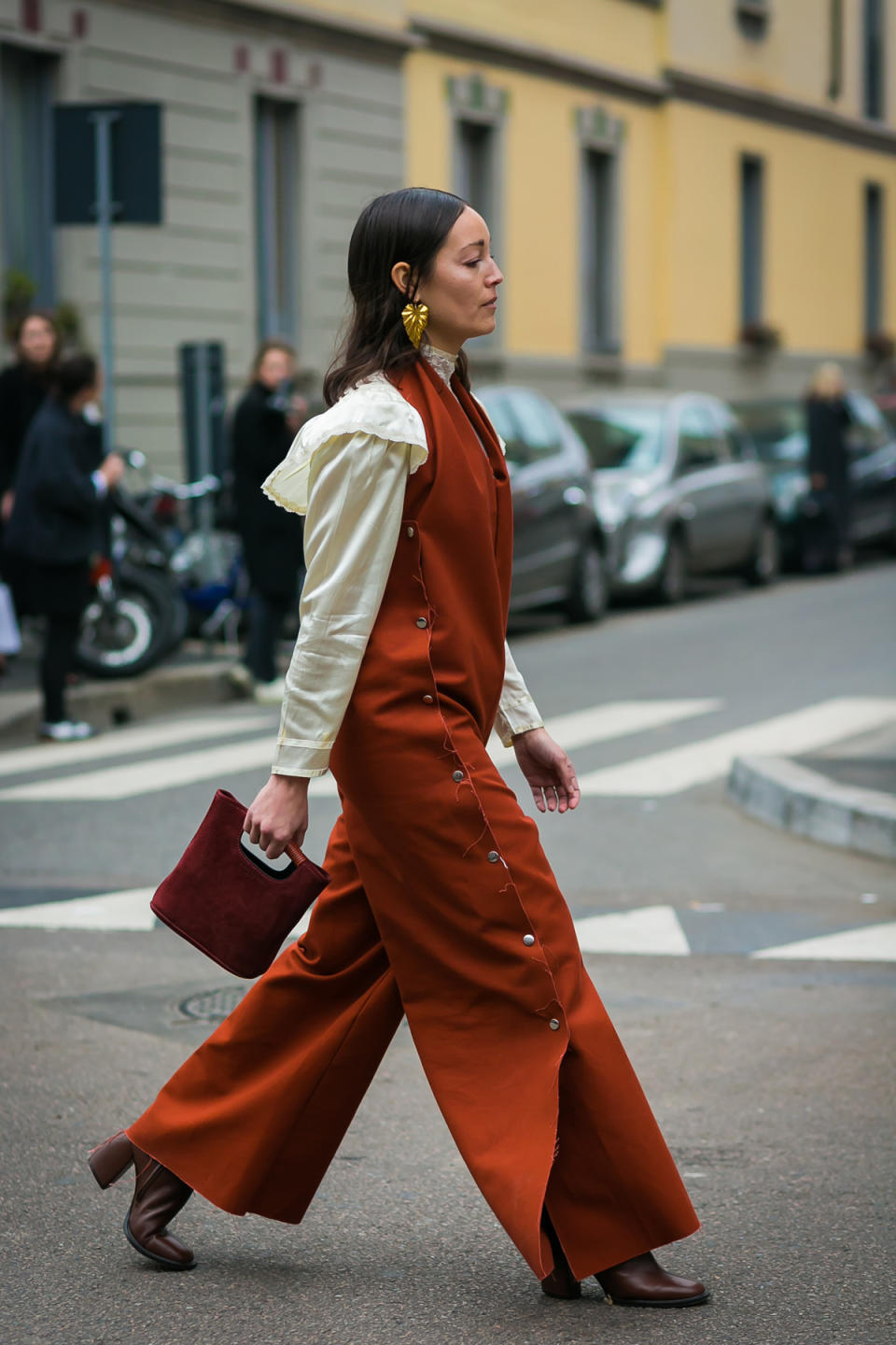 Allure’s Rachael Wang goes big on pants, small on purse.