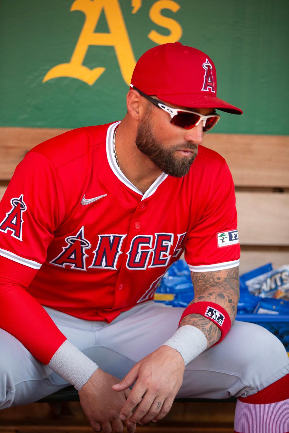 Kevin Pillar sits in the dugout before a game against the Athletics.