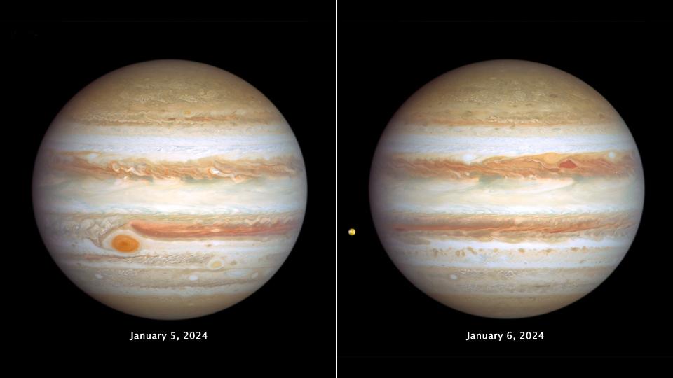 two images of an orange-ish planet, showing a large red spot in its southern hemisphere. the spot is smaller in the image on the right