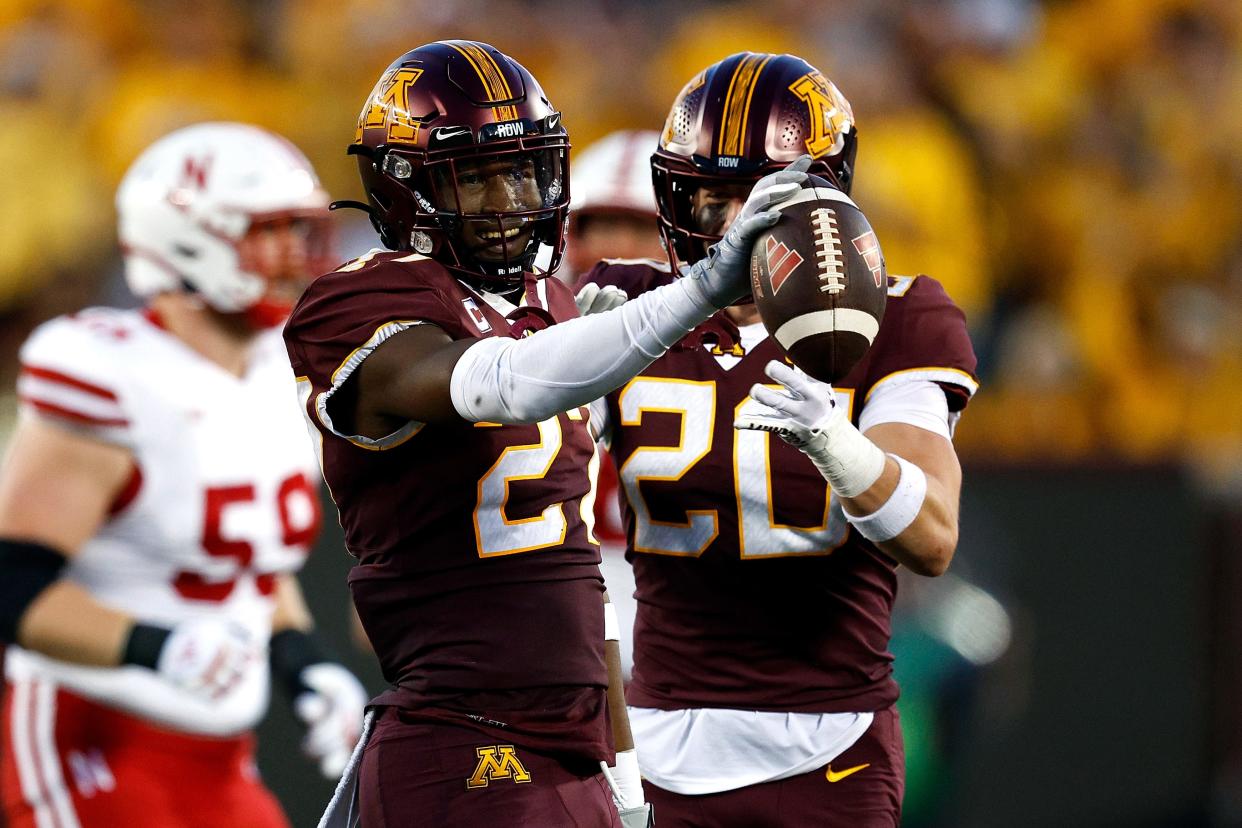 MINNEAPOLIS, MINNESOTA - AUGUST 31: Tyler Nubin #27 of the Minnesota Golden Gophers celebrates his interception against the Nebraska Cornhuskers in the first half at Huntington Bank Stadium on August 31, 2023 in Minneapolis, Minnesota. (Photo by David Berding/Getty Images)