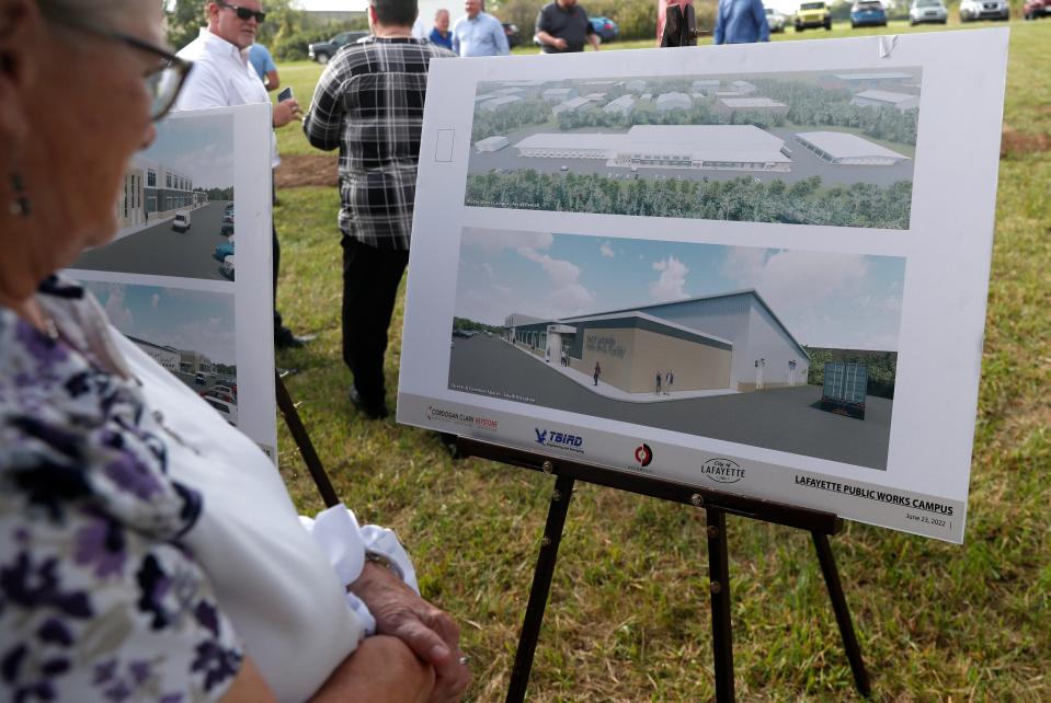 Renderings of the new facility are set up for viewing during the groundbreaking of the new Public Works Campus, Wednesday, Sept. 7, 2022, in Lafayette, Ind. 