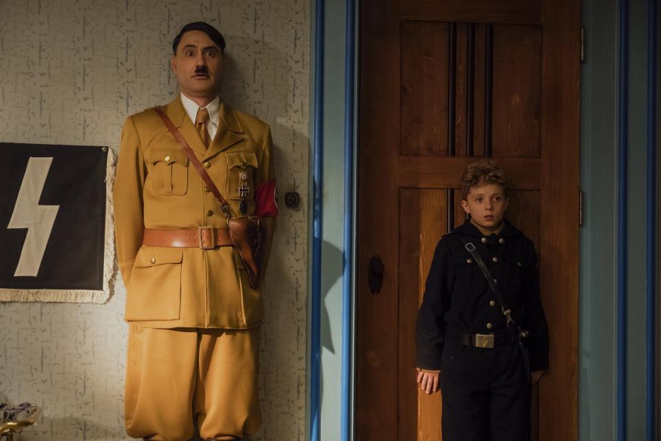 This image released by Fox Searchlight Pictures shows Taika Waititi, left, and Roman Griffin Davis in a scene from "Jojo Rabbit." On Monday, Jan. 13, the film was nominated for an Oscar for best picture. (Fox Searchlight Pictures via AP)