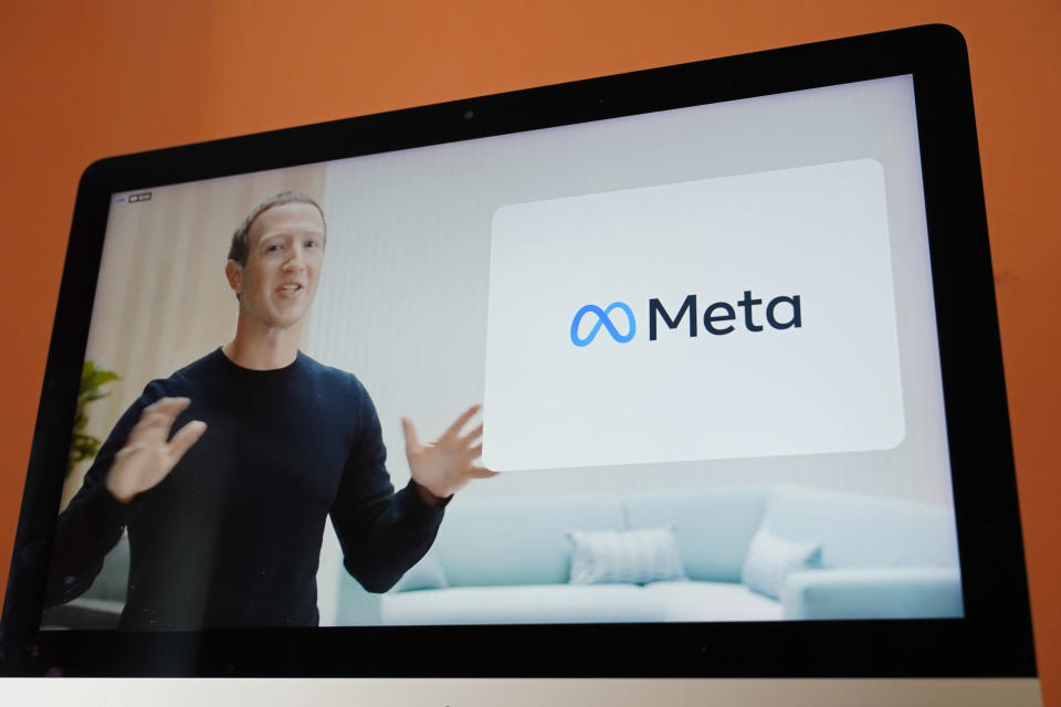 Seen on the screen of a device in Sausalito, Calif., Facebook CEO Mark Zuckerberg announces their new name, Meta, during a virtual event on Thursday, Oct. 28, 2021. Zuckerberg talked up his latest passion -- creating a virtual reality 