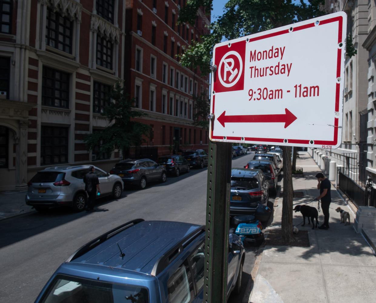 A street sweeping sign is seen on W. 85th St. in Manhattan, New York.